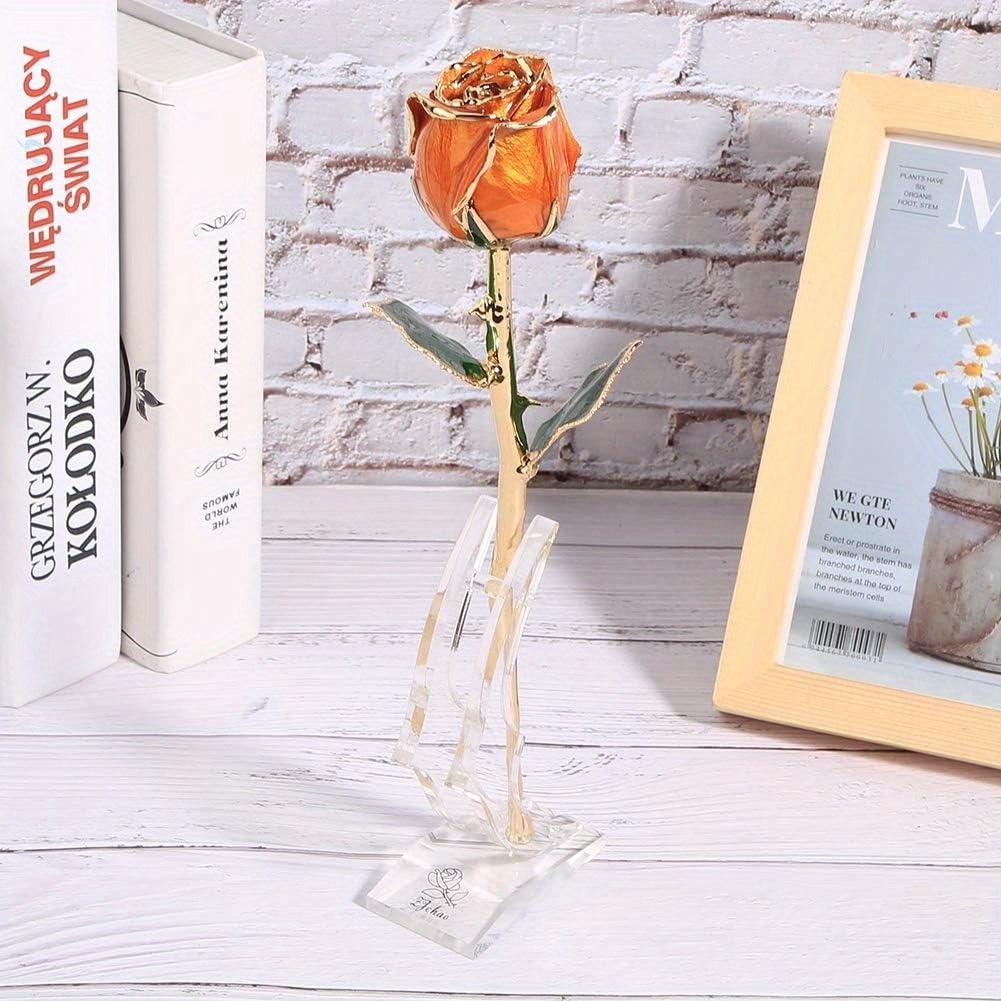 Valentines Day Rose Dipped Rose Forever Preserved Rose Flower with Display Stand for Her Wife Mother Girlfriend on Anniversary Birthday Christmas, Orange