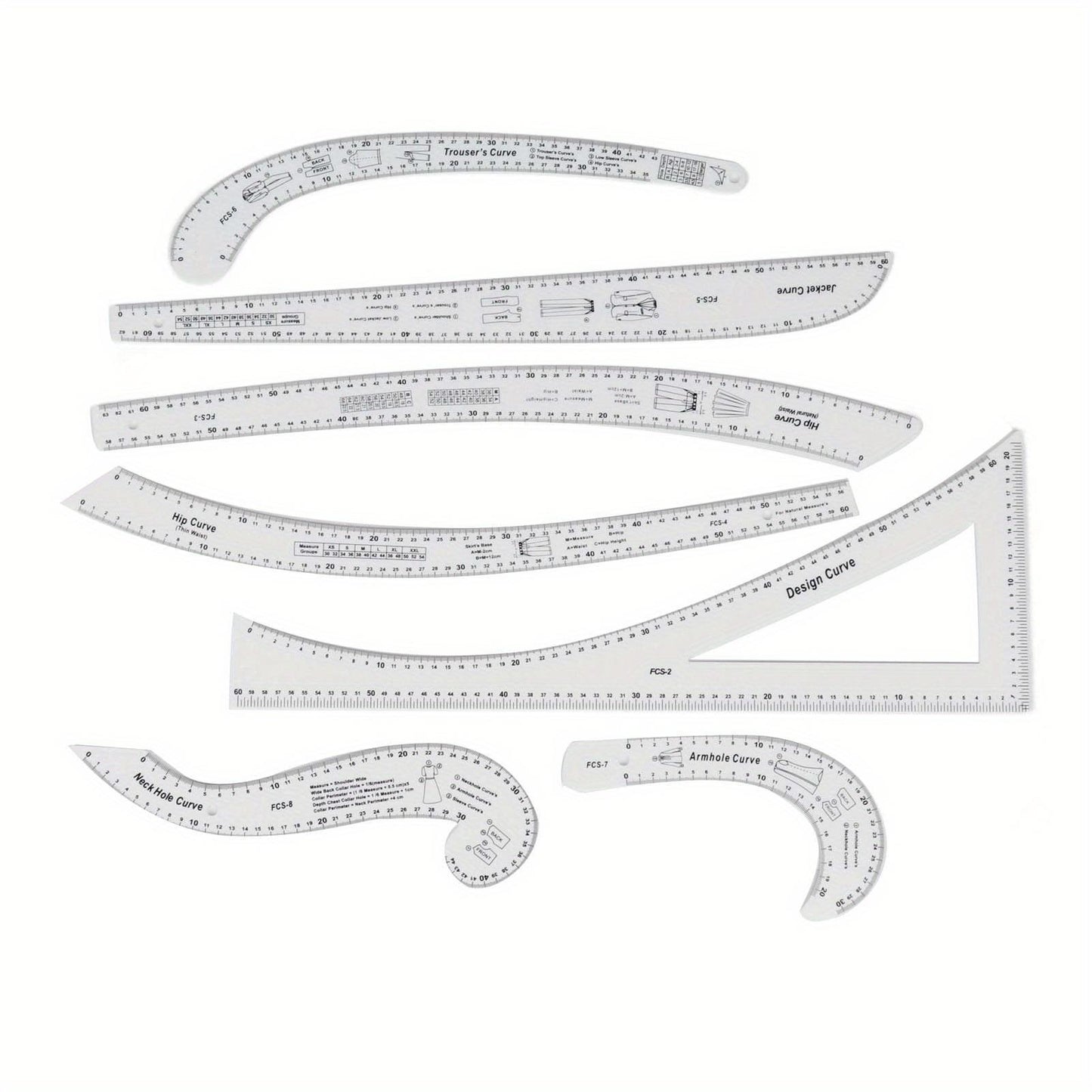 7Pcs Sewing Ruler Tailor Set Clear High Accuracy Scale Fashion Pattern Design Ruler Set for Making Pattern Drafting