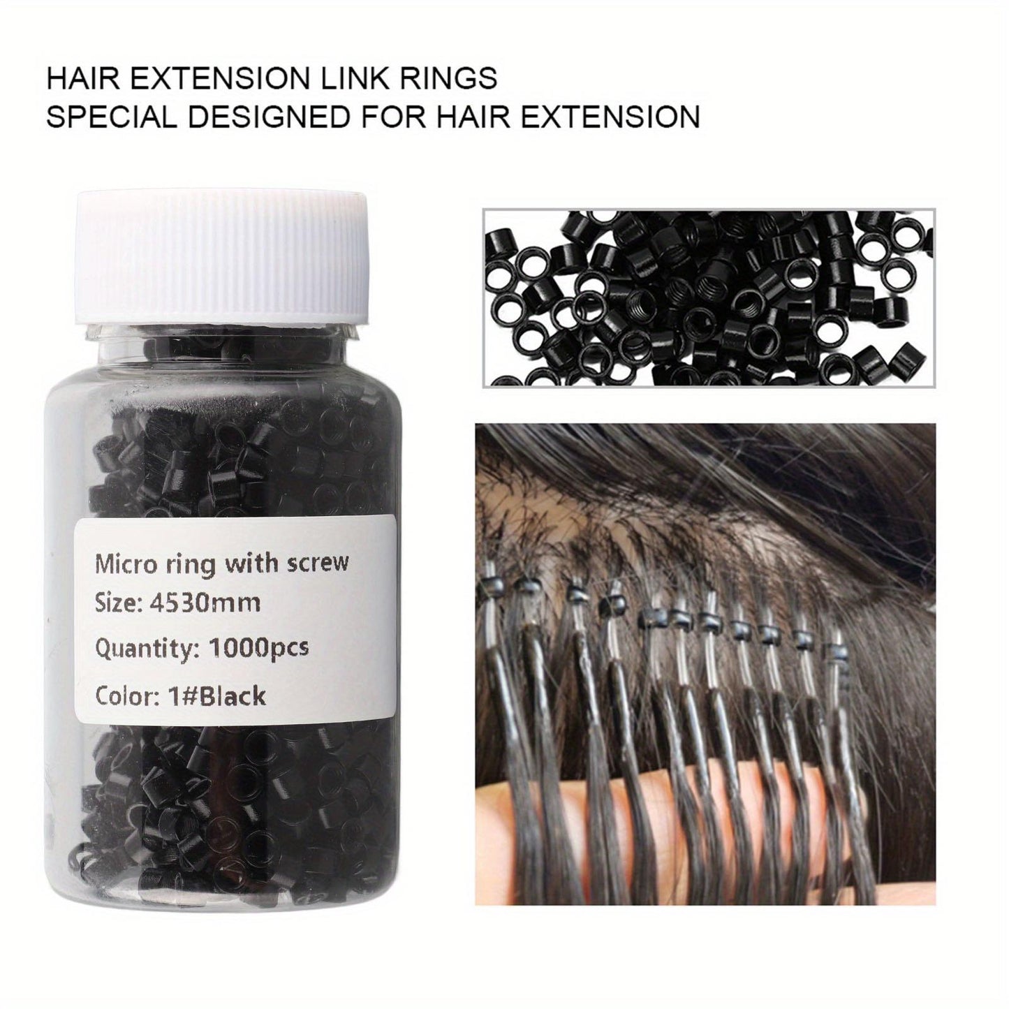 Hair Extension Link Rings 1000pcs Aluminum Micro Links Rings Beads Screw Micro Rings Hair Extension Tool Black