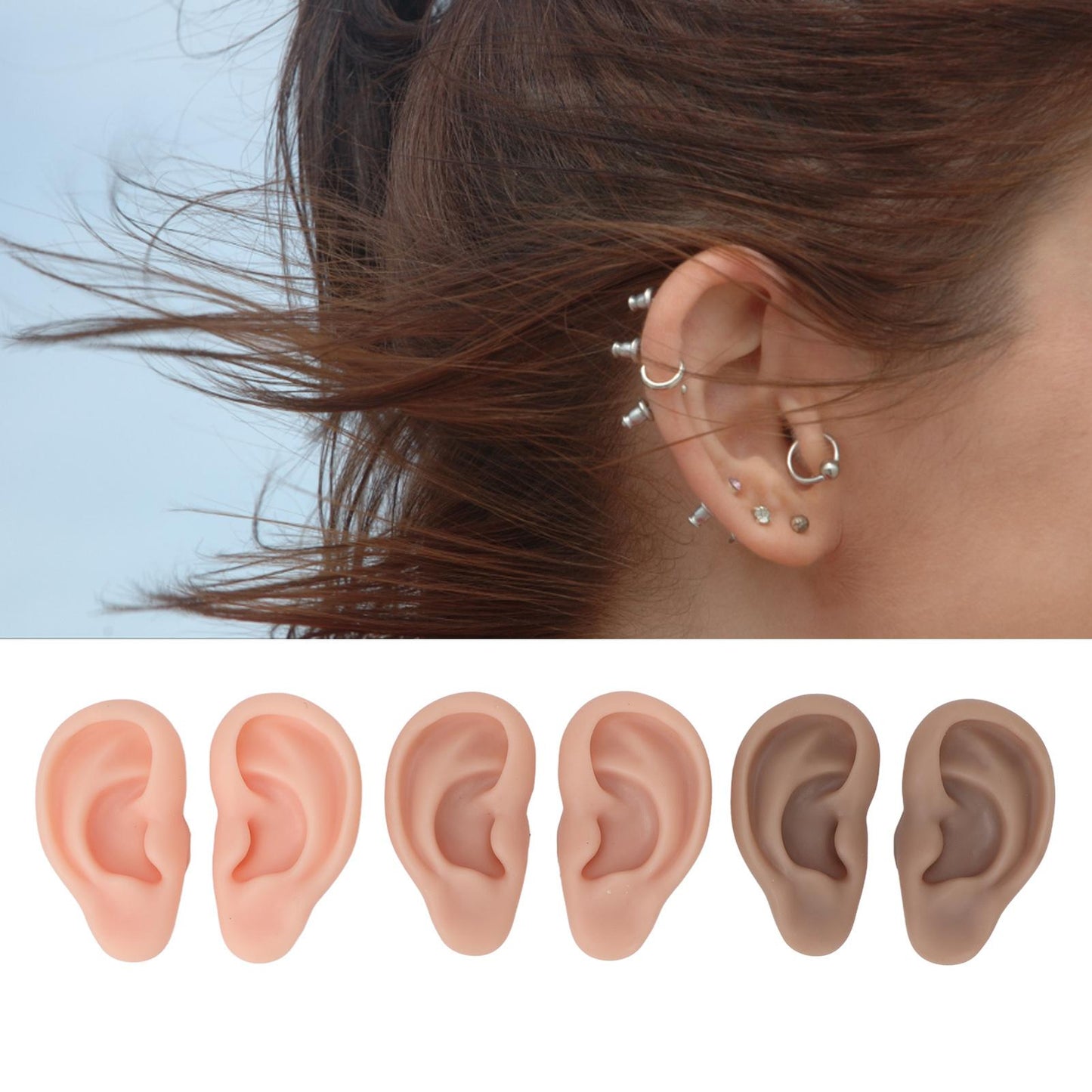 3 Pairs Silicone Ear Model Soft Flexible Ears 3 Colors Artificial Reusable for Practice