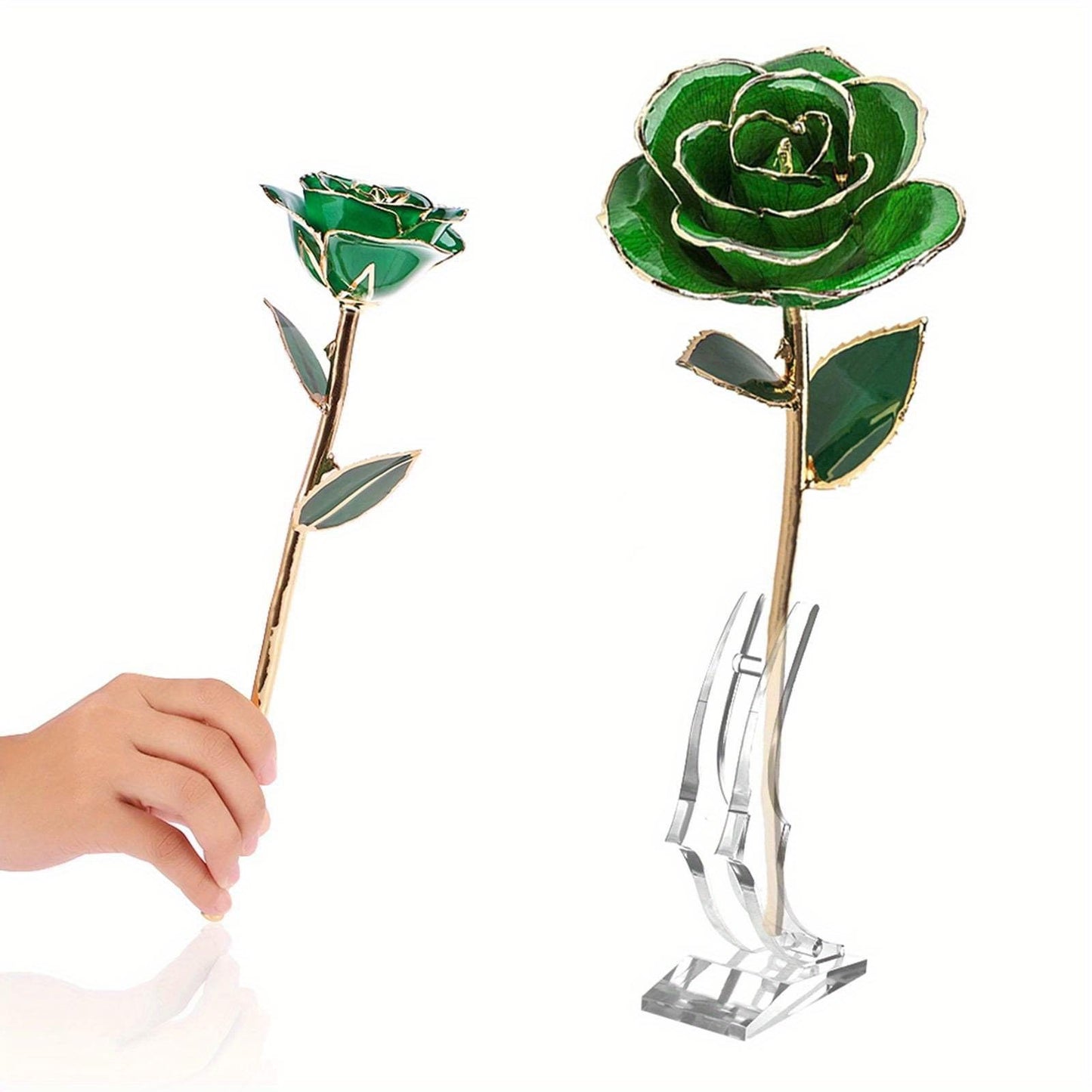 Forever Green Rose 24K Real Artificial Flower with Leaf and Base Craft Decorations