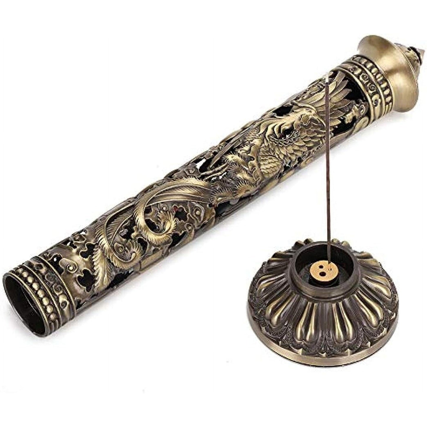 Incense Tower Burner Holder,Portable Bronze Dragon Phoenix Relief Retro Nostalgia Vertical Stick Incense Holder With Craft Storage Box Ash Catcher Sticks Incense Holder For Home Decor/Tea Room