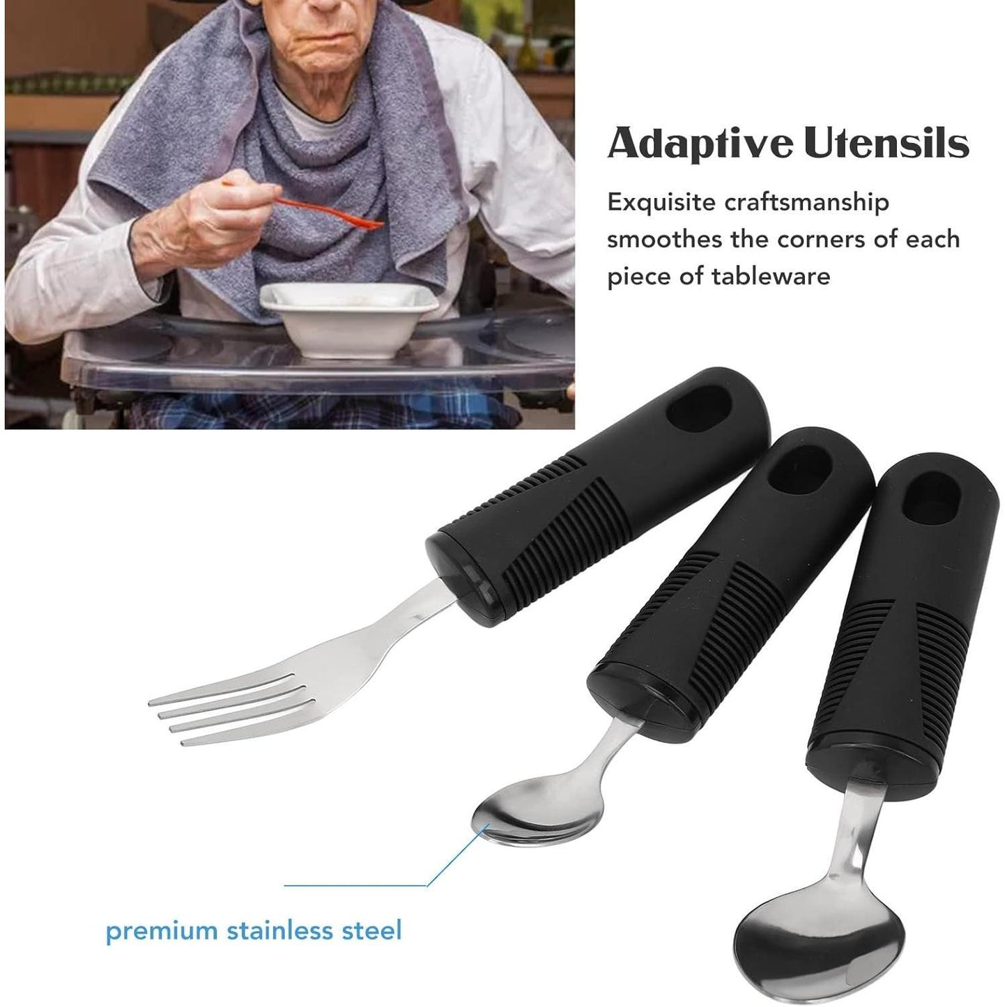 Adaptive Utensils, Weighted Utensils with Wide Non Slip Handles Stainless Steel Fork Teaspoon Tablespoon Parkinsons Utensils for Tremors, Arthritis, Parkinsons, Elderly, Adults(3 Piece Set)