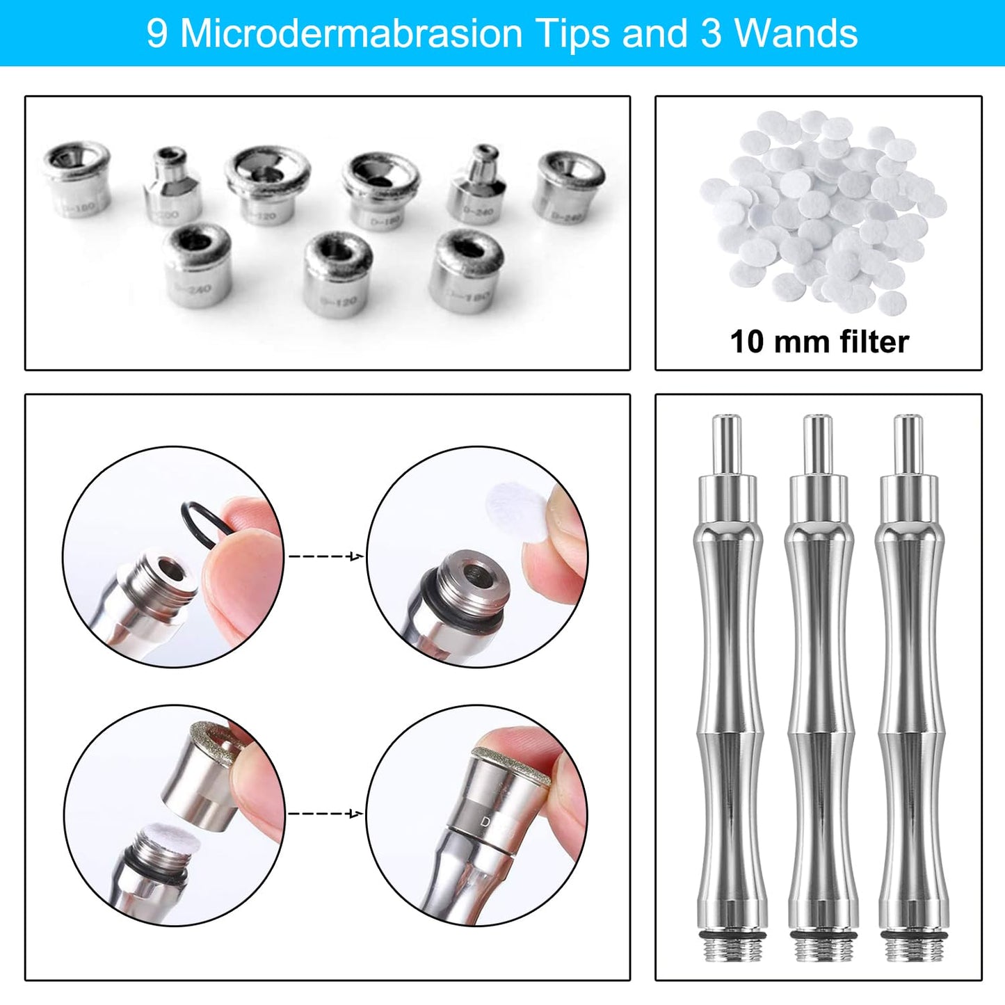 Microdermabrasion Tips and Wands, Microdermabrasion Kit, Diamond Dermabrasion Head, Microdermabrasion Facial Tool for Microdermabrasion Machine (9 Tips, 3 Wands, 1 Pack Microdermabrasion Pads 10mm)