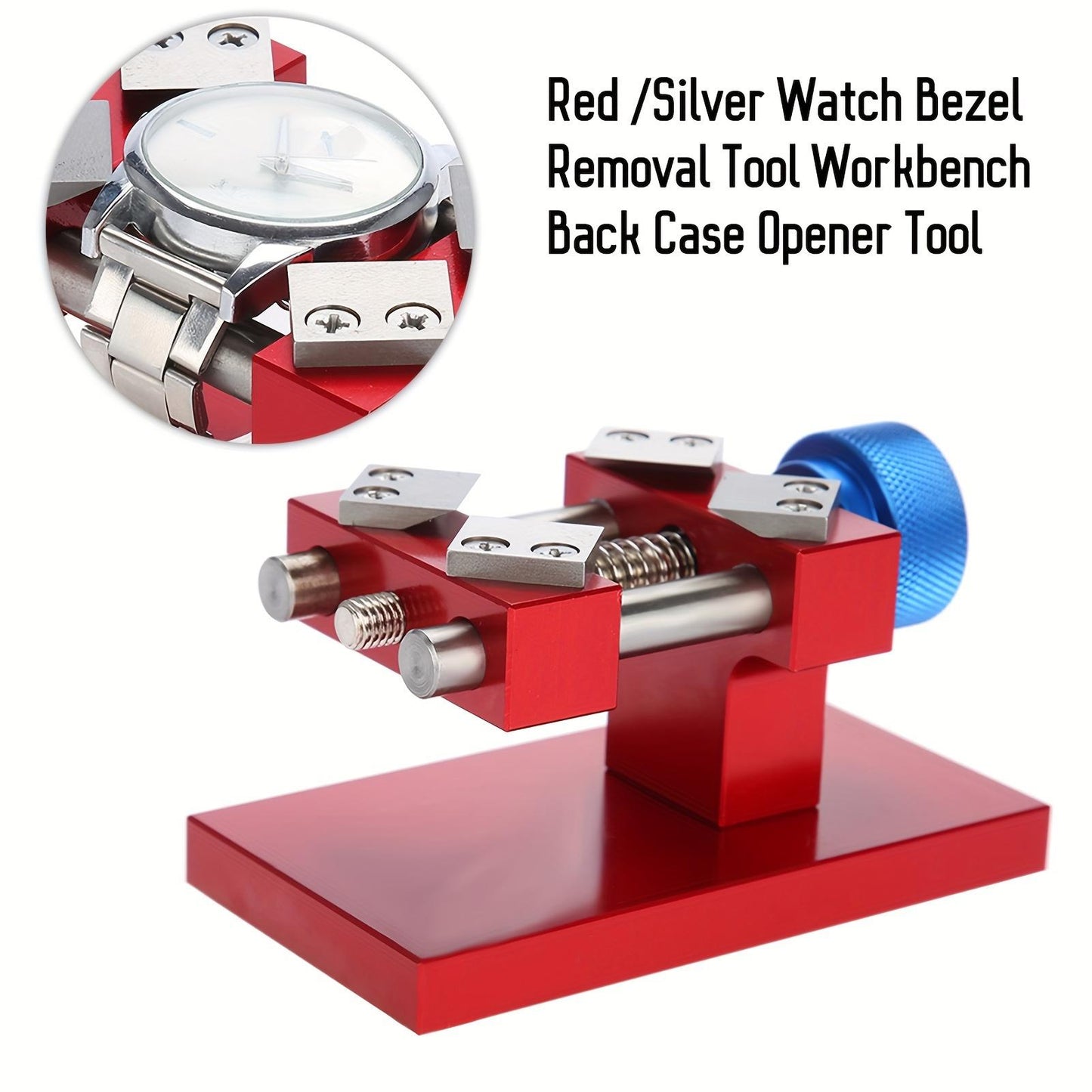 1pc Red Watch Bezel Removal Stainless Steel Tool, Workbench Back Case Opener Tool With Adjustable Jaw Clamps, Durable Construction, Non-Slip Blue Handle, Ideal Gift For Valentine's Day, Christmas, Birthday