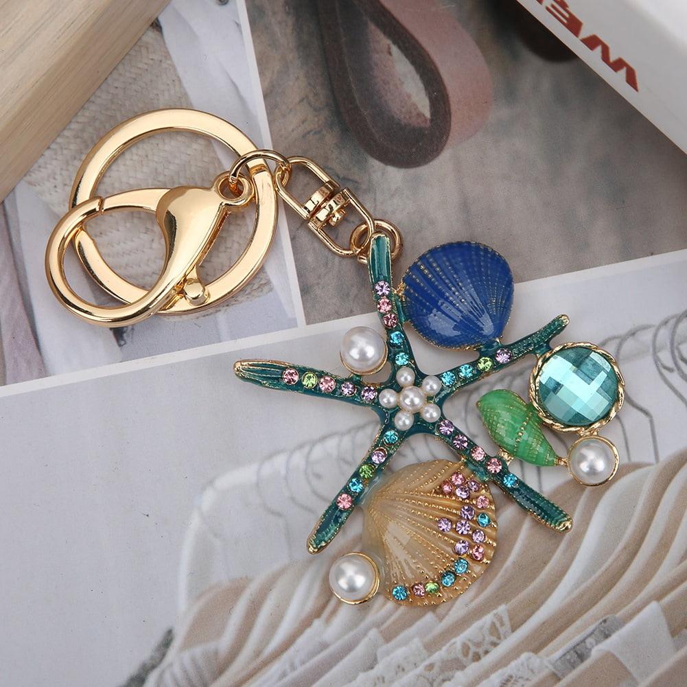 Ocean Series Rhinestone Keyring Pendant Starfish Scallop Pearl Keychain Bag Decoration Gift