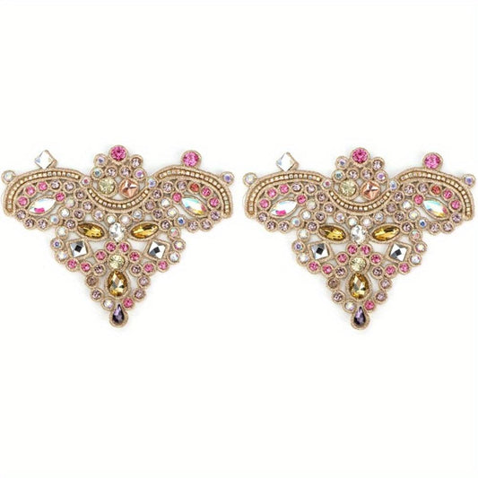 2Pcs Rhinestone Crystal Embroidery Patches, Red & Pink Sparkling Applique Repair Decor for Clothes, Shoes, Bags