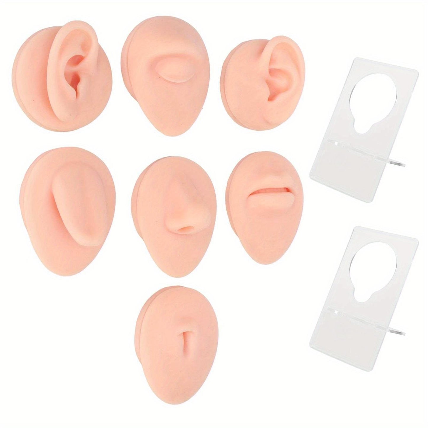 Silicone Piercing Body Model with Display Rack - Soft Silicone for Practice - Ear Mouth Nose Eye Tongue Navel - Light Skin Color