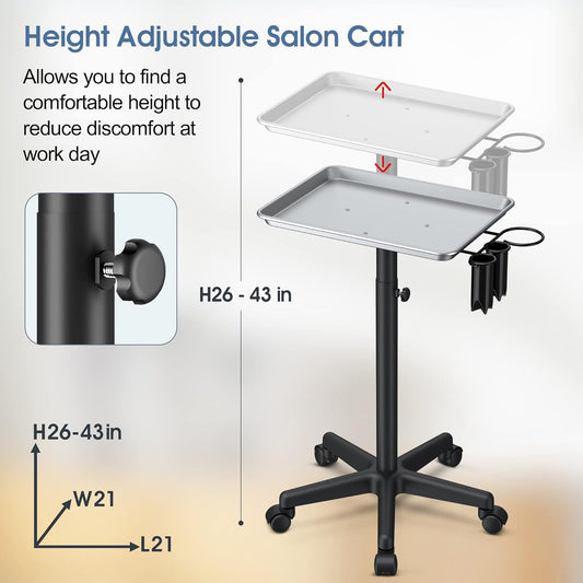 Premium Aluminum Instrument Salon Tray W/Accessory Caddy Tattoo Rolling Tray Station Height Trolley Beauty Tool