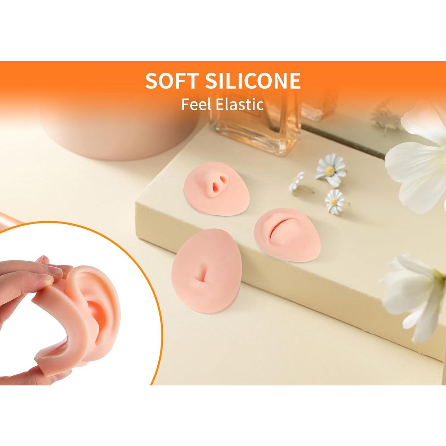 Soft Silicone Flexible Model Body Part Displays Set, Silicone Tongue Mouth Nose Eye Navel Ear Model for Piercing Practice and Jewelry Display Acupuncture Teaching Tool, Education (Light Skin Colour)