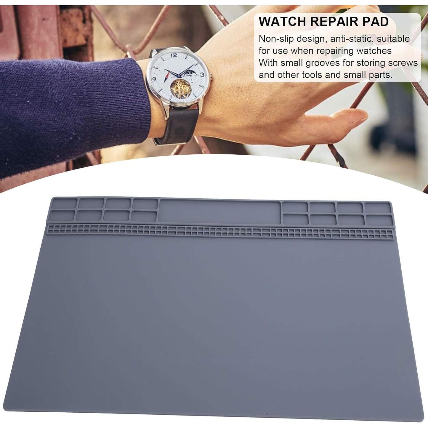 Brrnoo Watch Repair Mat, Non Slip Rubber Mat, 34.6cm x 24.6cm, Watch Repair Table Mat, Watchmaker Maintenance Accessory, Gray