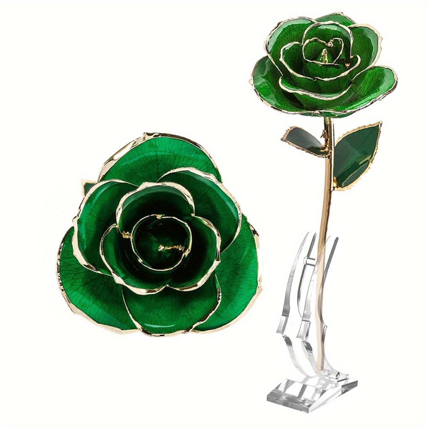 Forever Green Rose 24K Real Artificial Flower with Leaf and Base Craft Decorations