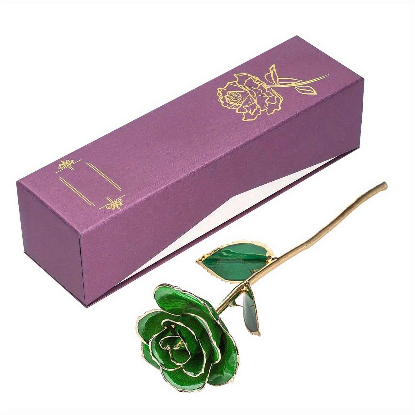 Forever Green Rose 24K Real Artificial Flower with Leaf and Base Craft Decorations