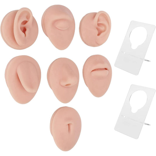 JTLB Body Piercing Kits, Silicone Piercing Body Model Soft Silicone Ear Mouth Nose Eye Tongue Navel Model with Display Rack for Piercing Practice (Medium Skin Color)