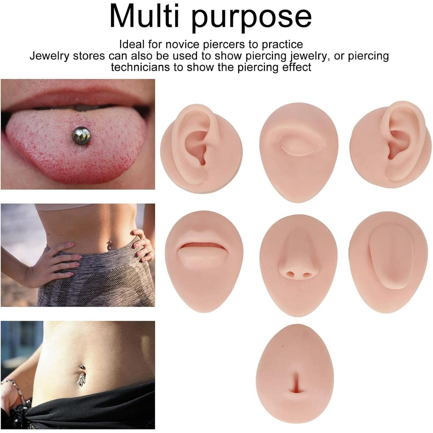 JTLB Body Piercing Kits, Silicone Piercing Body Model Soft Silicone Ear Mouth Nose Eye Tongue Navel Model with Display Rack for Piercing Practice (Medium Skin Color)