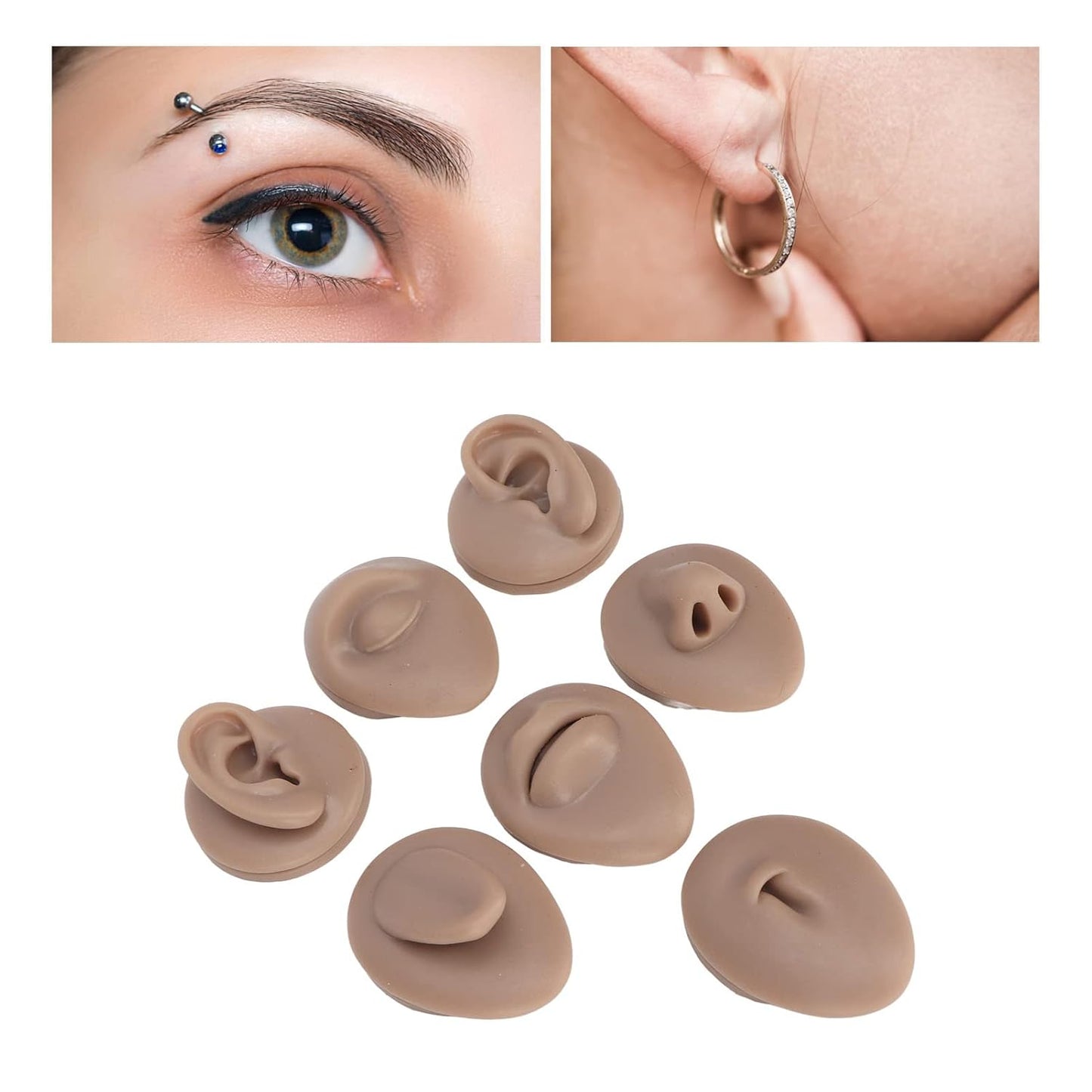 Soft Silicone Flexible Model Body Part Displays Set, Body Piercing Practice Model Simulation Ear Eye Nose Mouth Tongue and Belly Button Model for Novice Piercer (Dark Skin Colour)