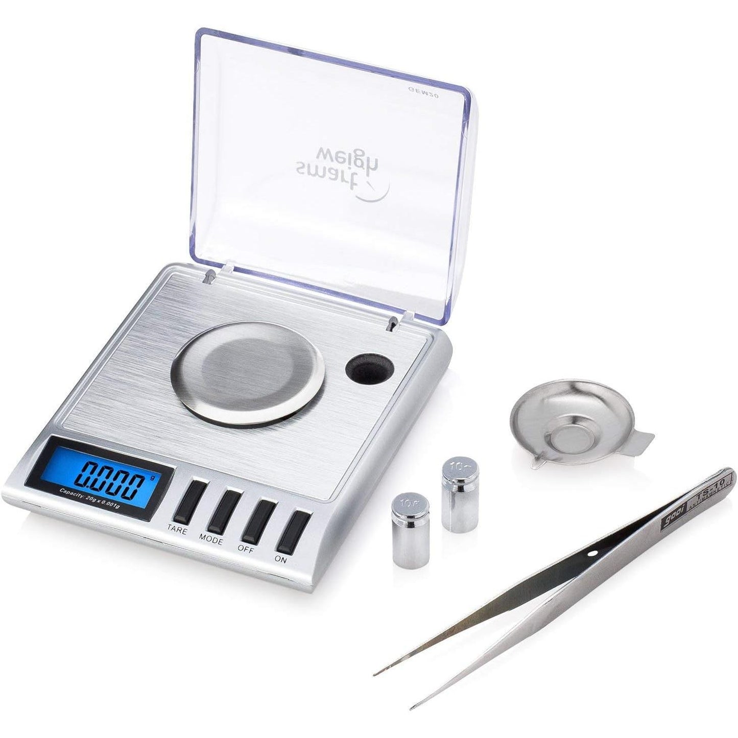 Smart Weigh GEM20-20g x 0.001 grams, High Precision Digital Milligram Jewelry Scale, Reloading, Jewelry and Gems Scale, Calibration Weights and Tweezers Included