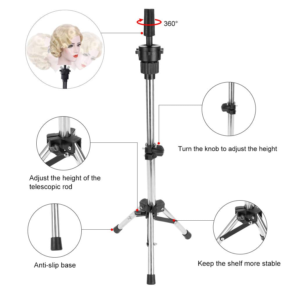 Wig Stand Wig Stand Tripod, Wig Tripod Stand Mannequin Head Tripod Stand Adjustable Hairdressing Training Head Rack Hair Mannequin Head Holder For Salon, Silver (Wig Not Included)