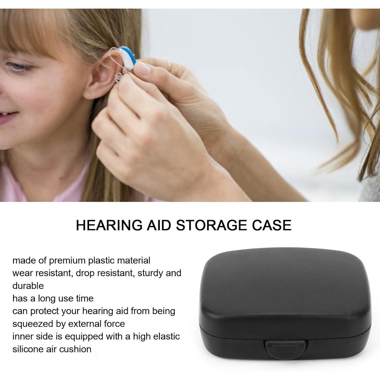 Portable Hard Case, Behind The Ear Drop Resistance BehindtheEar Storing Aids Protection, Waterproof Protective Storage Box Black for Outdoor Travel