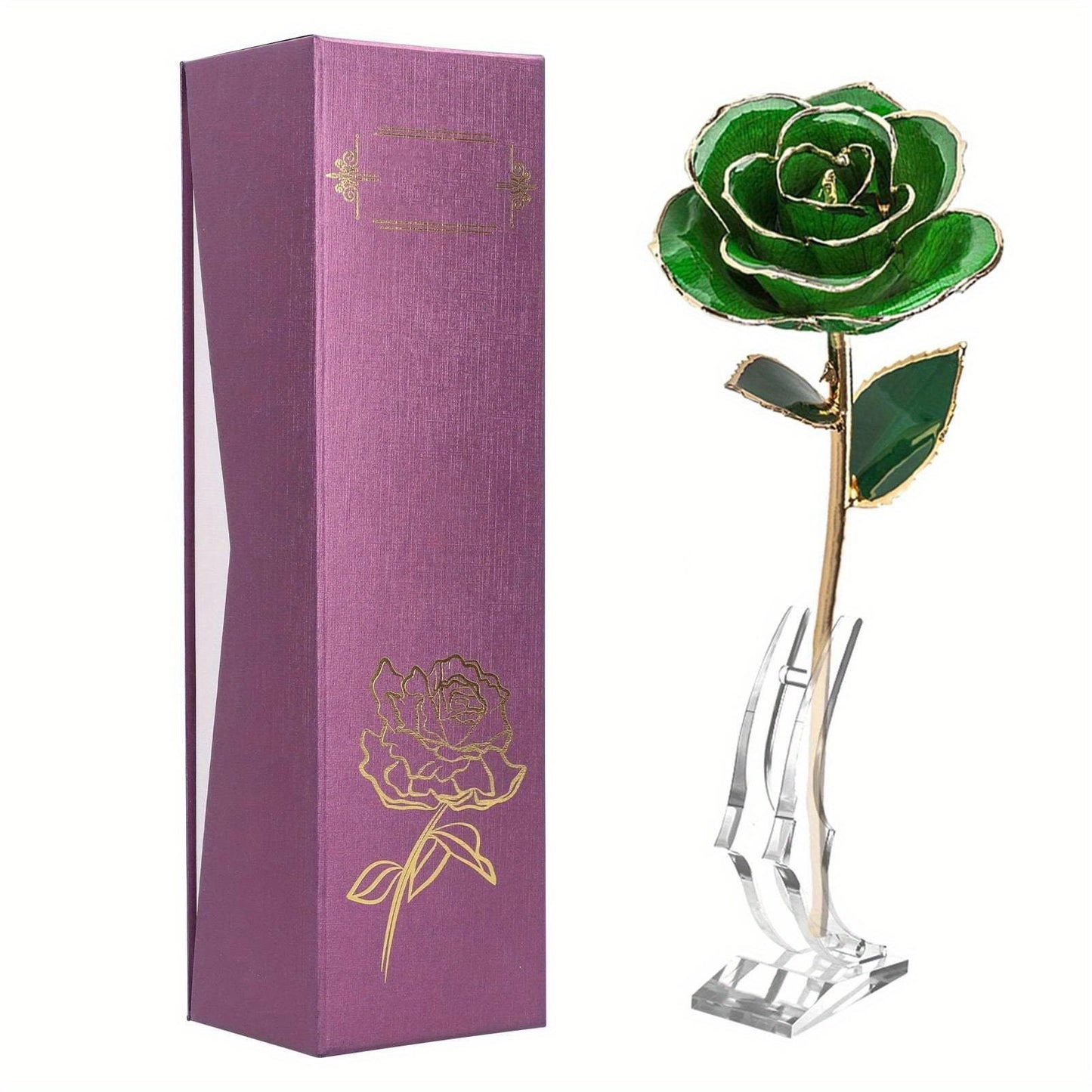 Forever Green Rose 24K Real Artificial Flower with Leaf and Base Craft Decorations