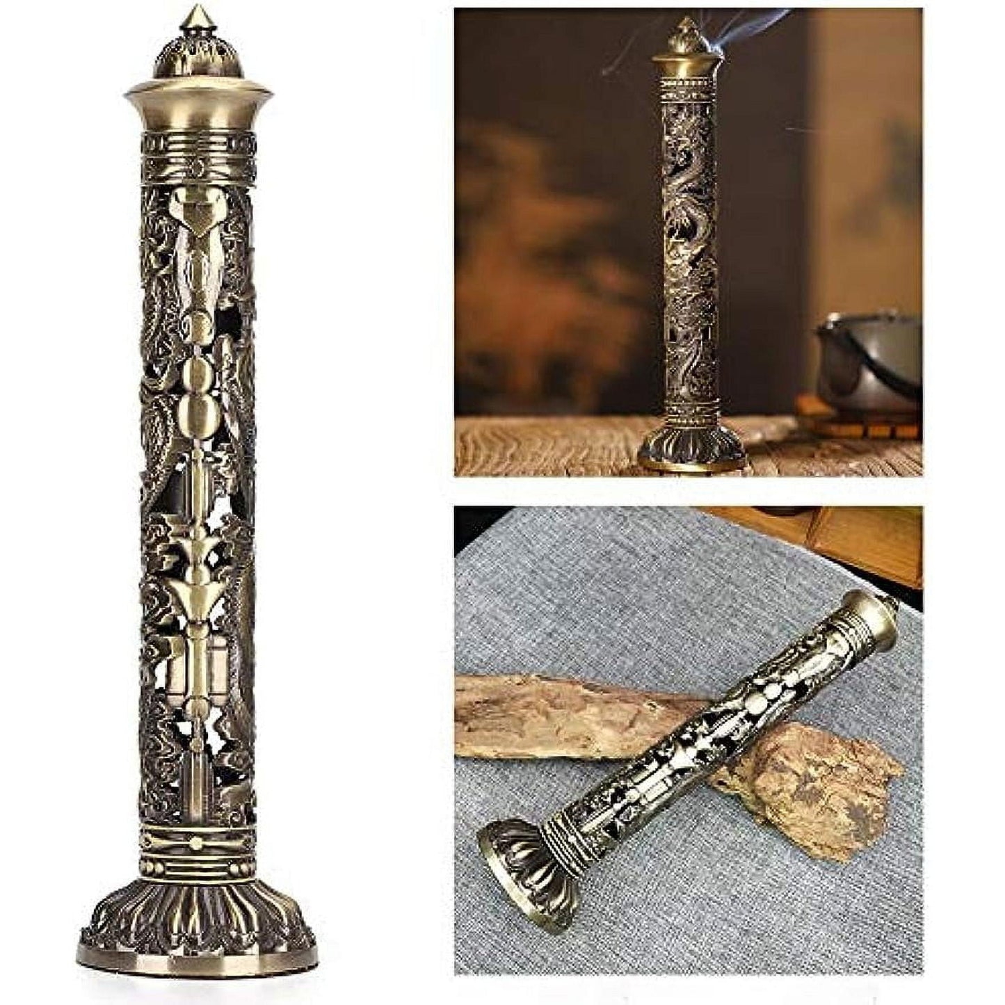 Incense Tower Burner Holder,Portable Bronze Dragon Phoenix Relief Retro Nostalgia Vertical Stick Incense Holder With Craft Storage Box Ash Catcher Sticks Incense Holder For Home Decor/Tea Room