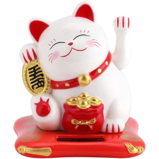 Lucky Wealth Welcoming Cat - Solar Cute Waving Cat for Good Luck and Wealth Attraction (White)