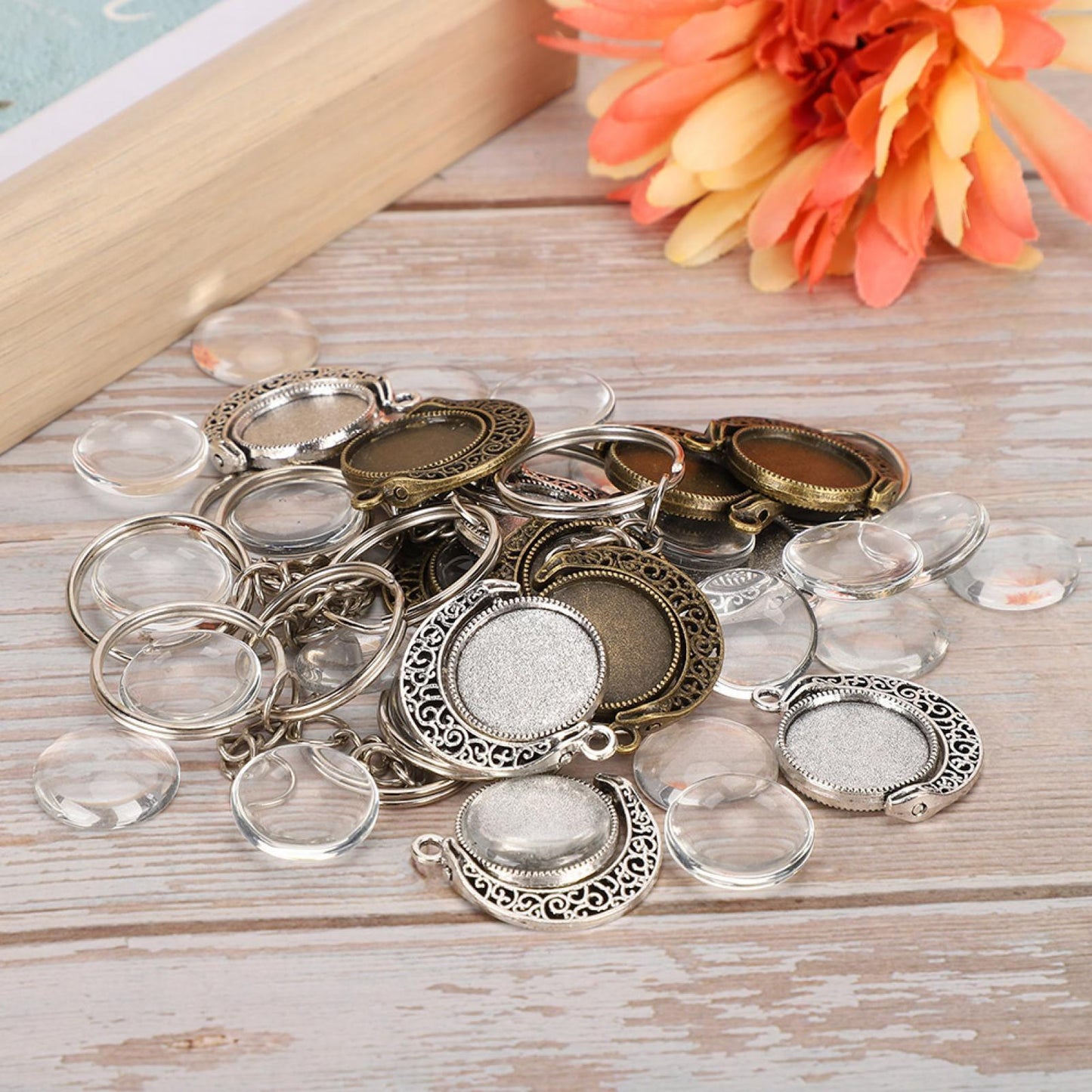 Flash Sale 48pcs Rotation Pendant Base Tray Round Glass Domes Key Rings Jewelry DIY Tool Accessory