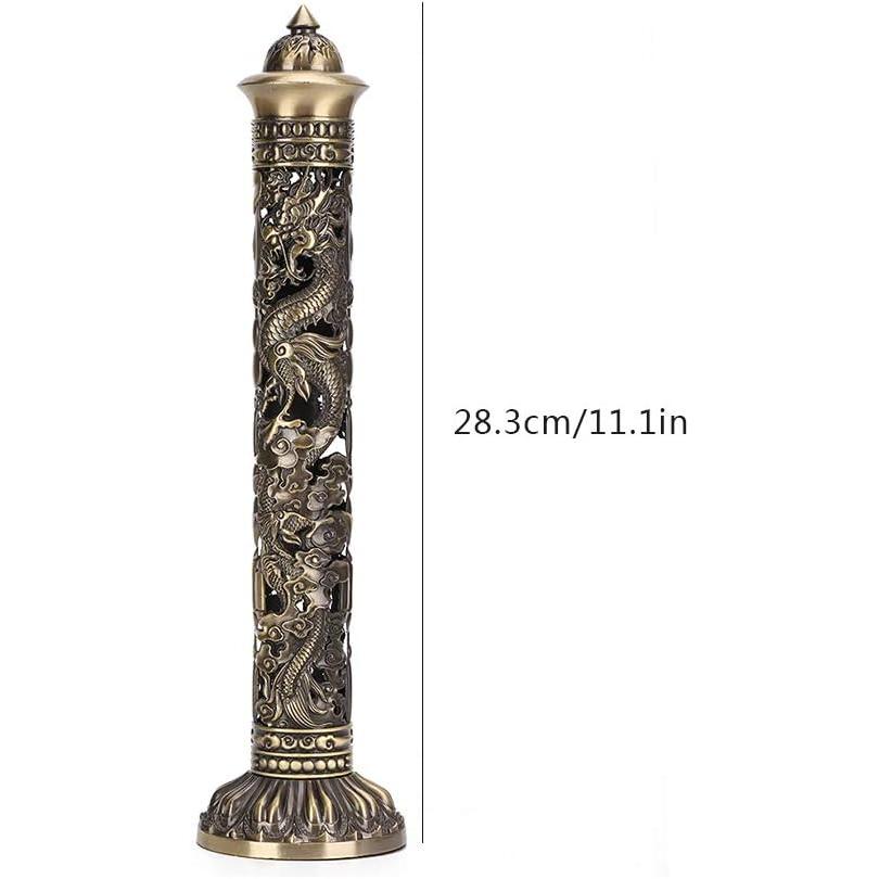 Portable Incense Tower Holder - Bronze Tone Dragon Phoenix Relief Incense Stick Holder for Home and Tea Room