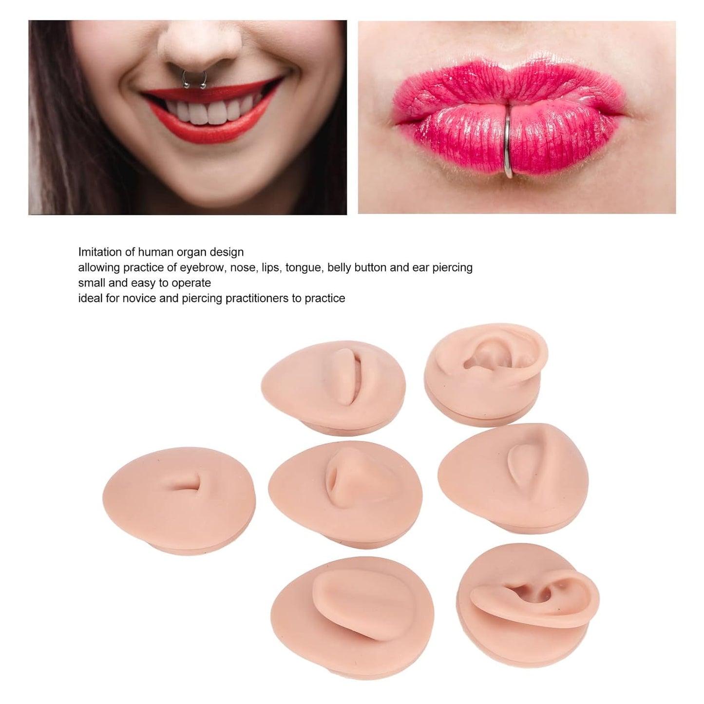 Soft Silicone Body Part Model, Body Piercing Practice Model Simulation Ear Eye Nose Mouth Tongue and Belly Button Model for Novice Piercer (Medium Skin Color)