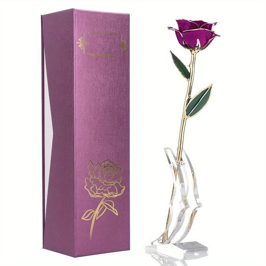 Real Purple Rose 24K Gold Dipped Preserved Flower Gifts with Stand for Valentines Day Anniversary Wedding