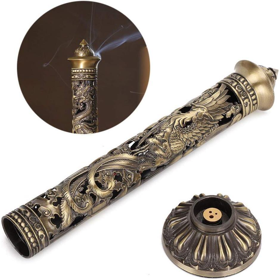 Portable Incense Tower Holder - Bronze Tone Dragon Phoenix Relief Incense Stick Holder for Home and Tea Room