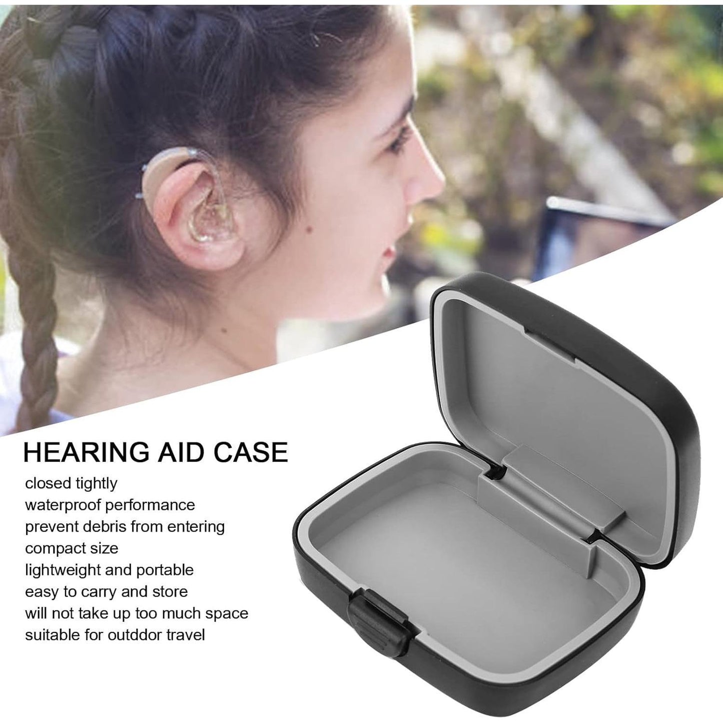 Portable Hard Case, Behind The Ear Drop Resistance BehindtheEar Storing Aids Protection, Waterproof Protective Storage Box Black for Outdoor Travel