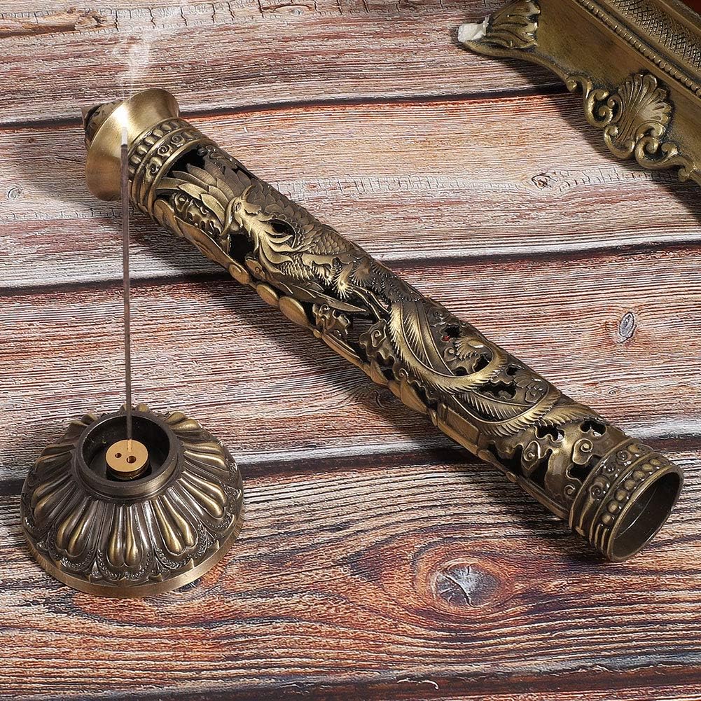 Portable Incense Tower Holder - Bronze Tone Dragon Phoenix Relief Incense Stick Holder for Home and Tea Room