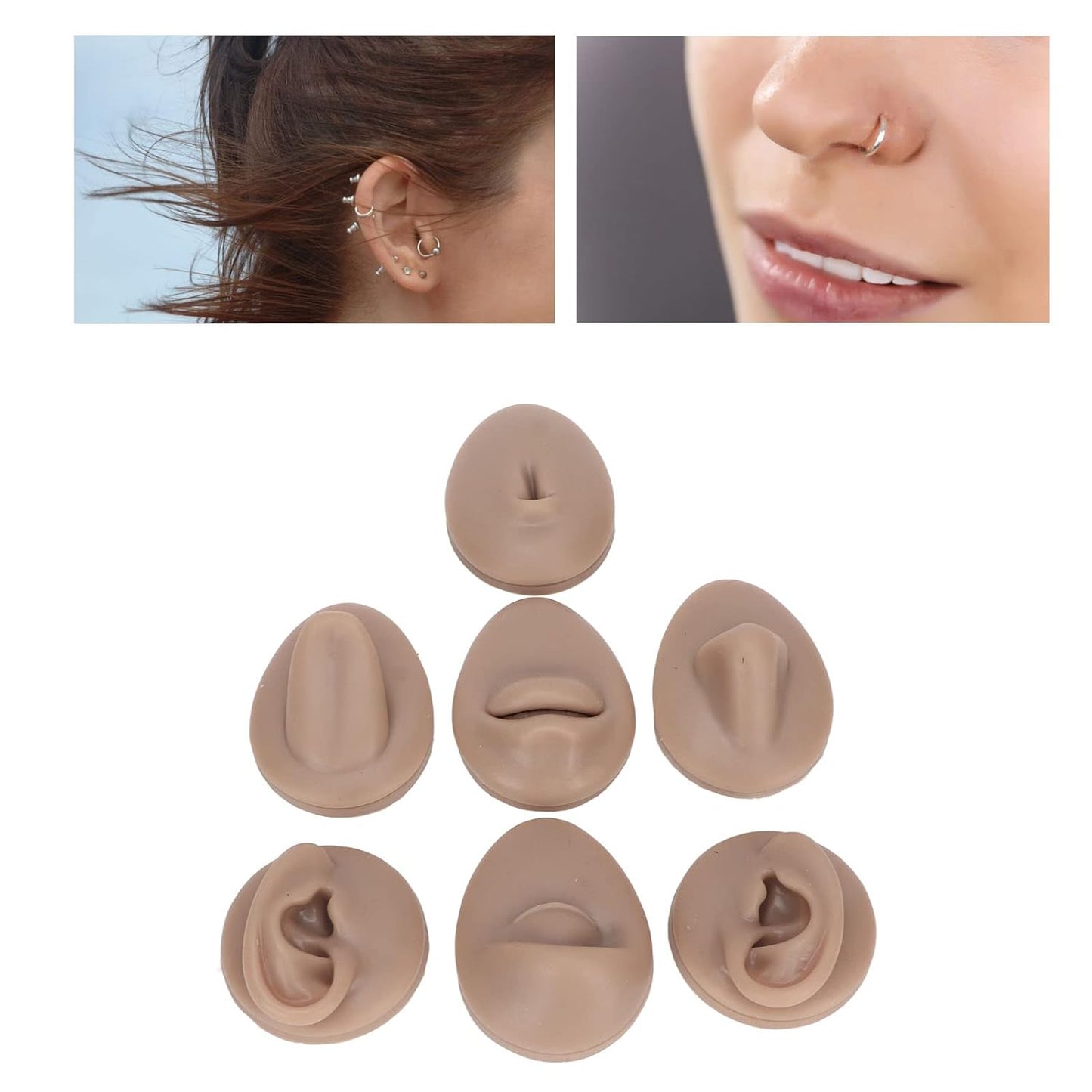 Soft Silicone Flexible Model Body Part Displays Set, Body Piercing Practice Model Simulation Ear Eye Nose Mouth Tongue and Belly Button Model for Novice Piercer (Dark Skin Colour)