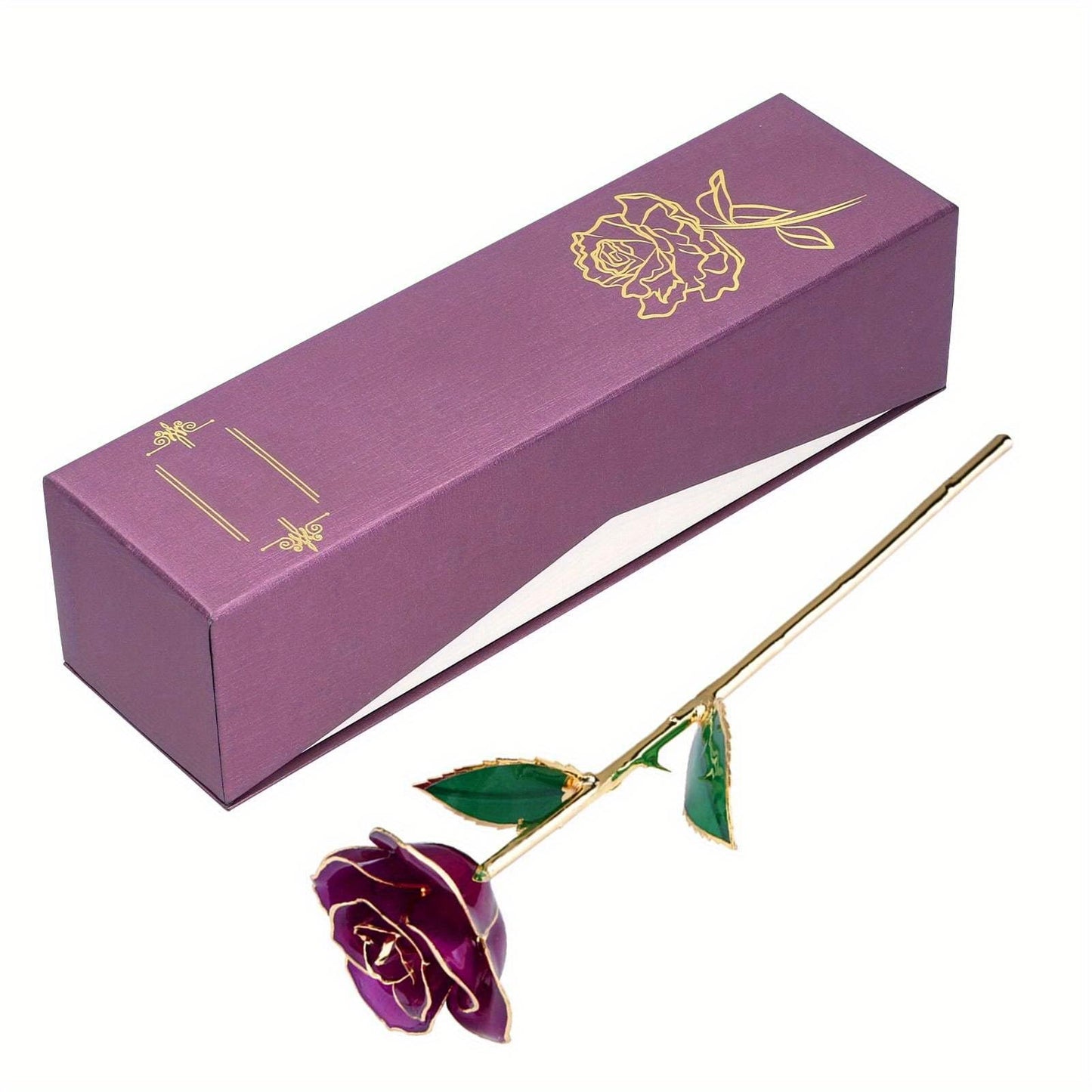 Real Purple Rose 24K Gold Dipped Preserved Flower Gifts with Stand for Valentines Day Anniversary Wedding