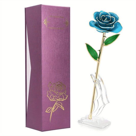 24K GoldPlated Rose Flower Sky Blue for Valentine's Day Decorations Ornaments Crafts