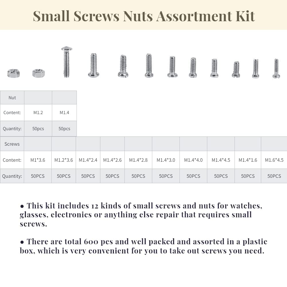 M1 to M1.6 Screw and Nut Assortment - 600pcs Kit with Plastic Box for Watches, Glasses, and Electronics Repair