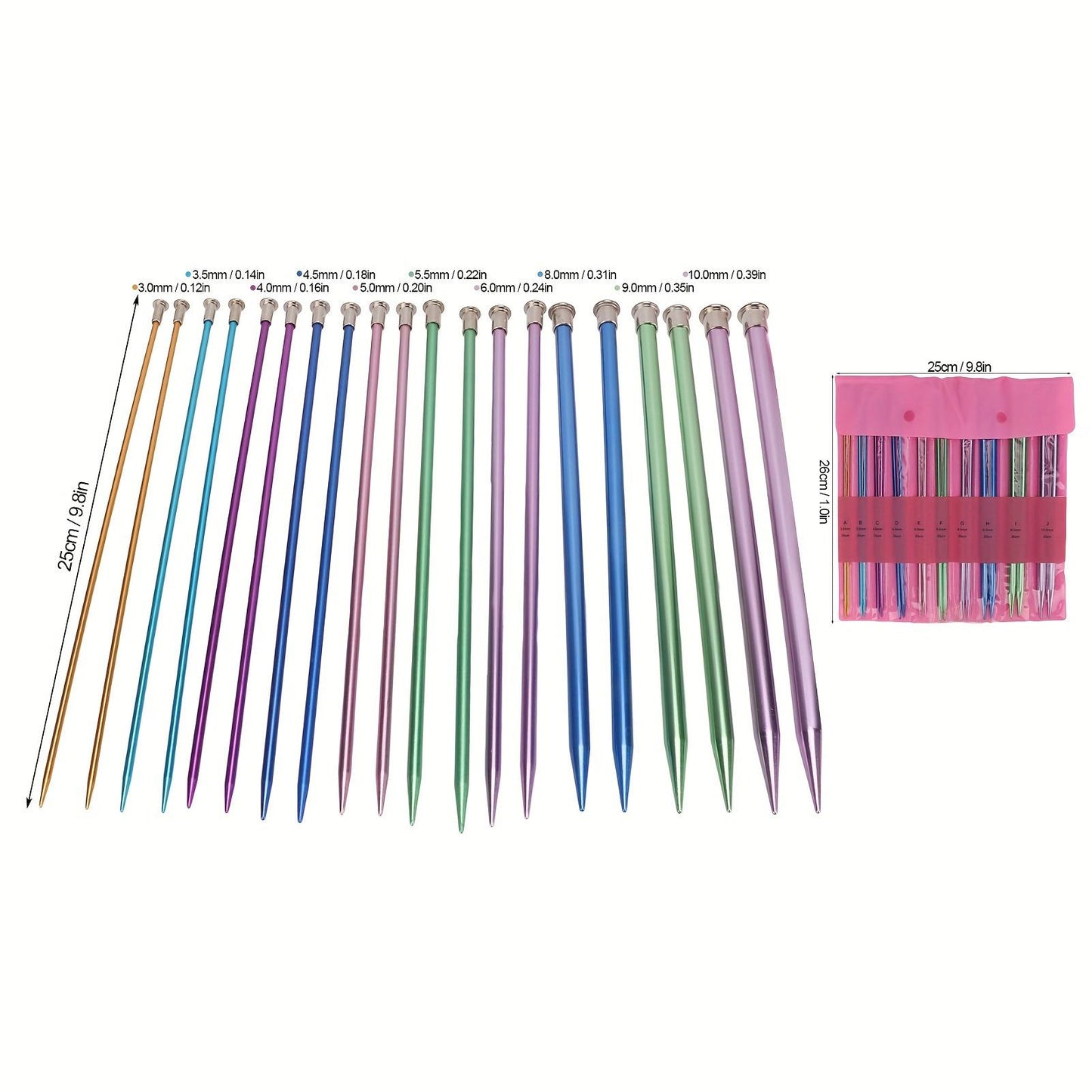 10in Knitting Needles Set, 25cm Single Pointed Colored Ultra Light Knitting Accessories Various Sizes Available Aluminum Knitting Supplies 3mm-10mm