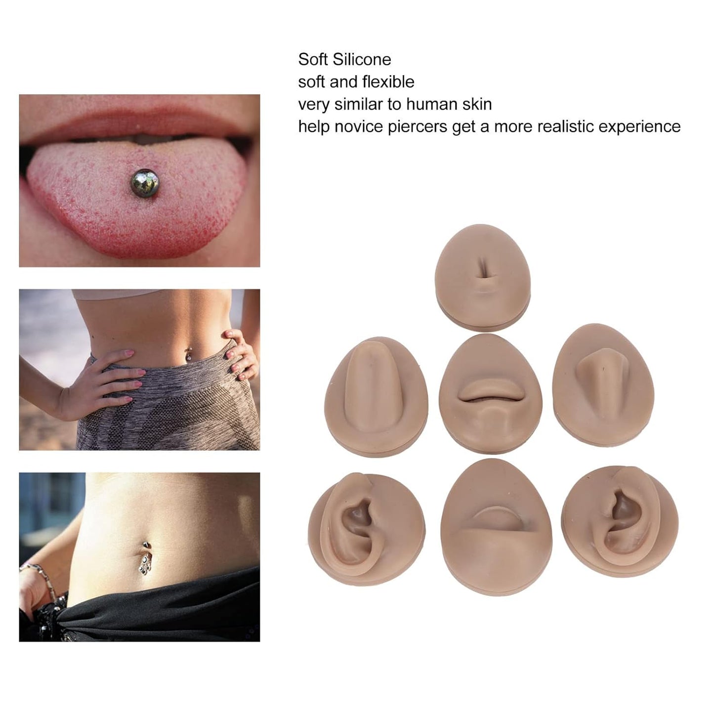 Soft Silicone Flexible Model Body Part Displays Set, Body Piercing Practice Model Simulation Ear Eye Nose Mouth Tongue and Belly Button Model for Novice Piercer (Dark Skin Colour)