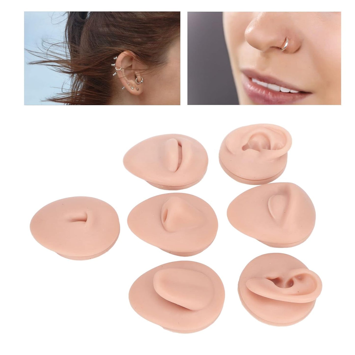 Soft Silicone Body Part Model, Body Piercing Practice Model Simulation Ear Eye Nose Mouth Tongue and Belly Button Model for Novice Piercer (Medium Skin Color)