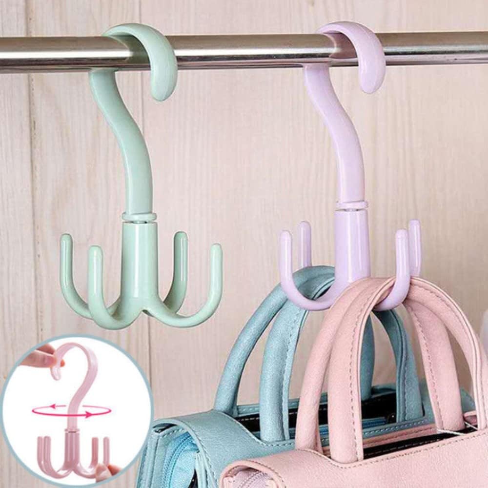 360 Degree Swivel Hooks Organizer - Closet Hanging Storage Rack for Purses, Handbags, and Accessories (Pink)