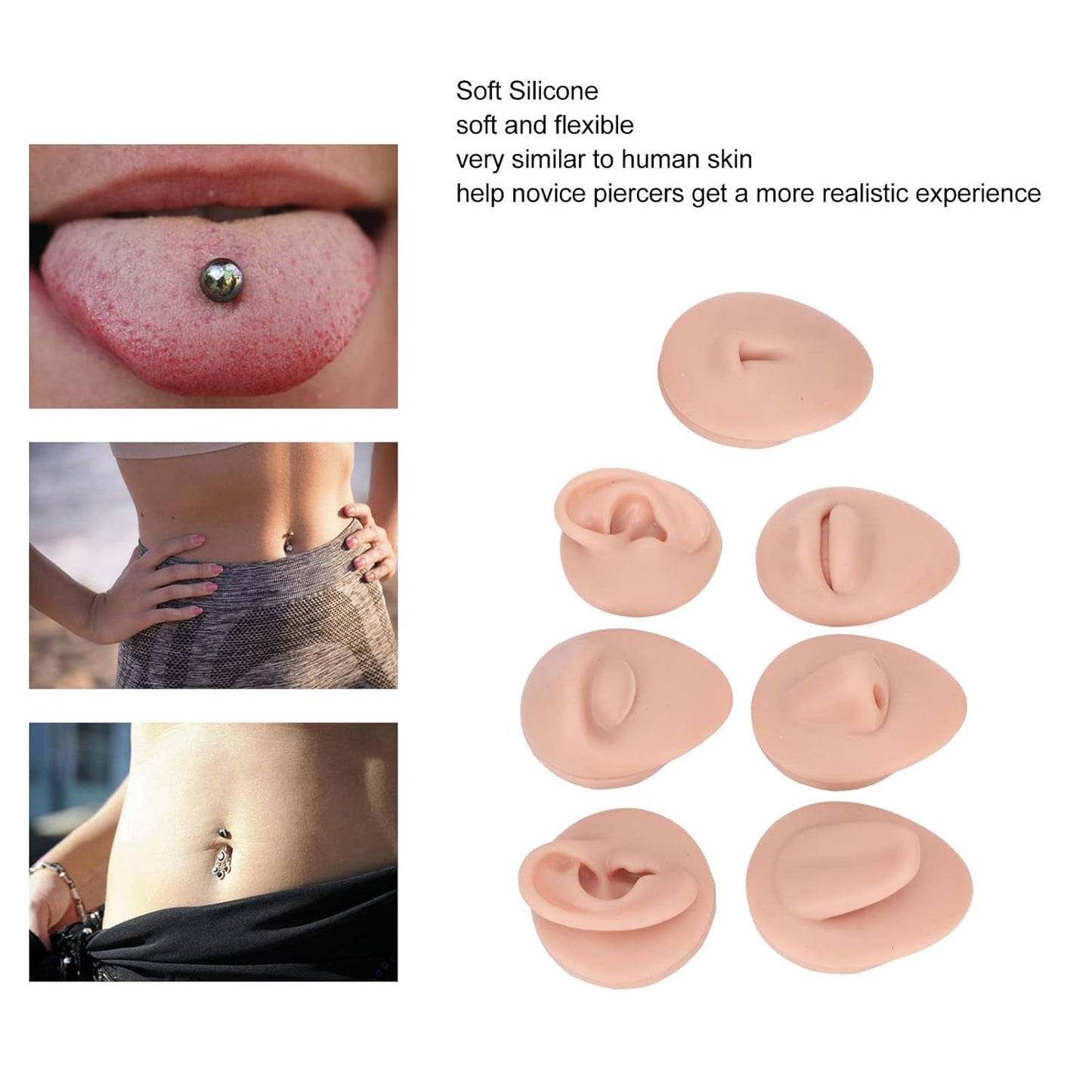 Soft Silicone Body Part Model, Body Piercing Practice Model Simulation Ear Eye Nose Mouth Tongue and Belly Button Model for Novice Piercer (Medium Skin Color)