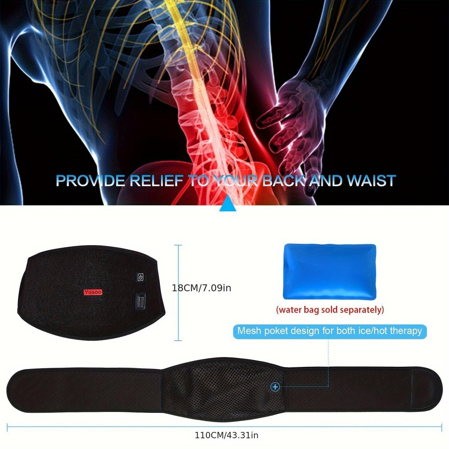 1pc Heating Waist Belt Brace For Pain Relief Lower Back Therapy Lumbar Black