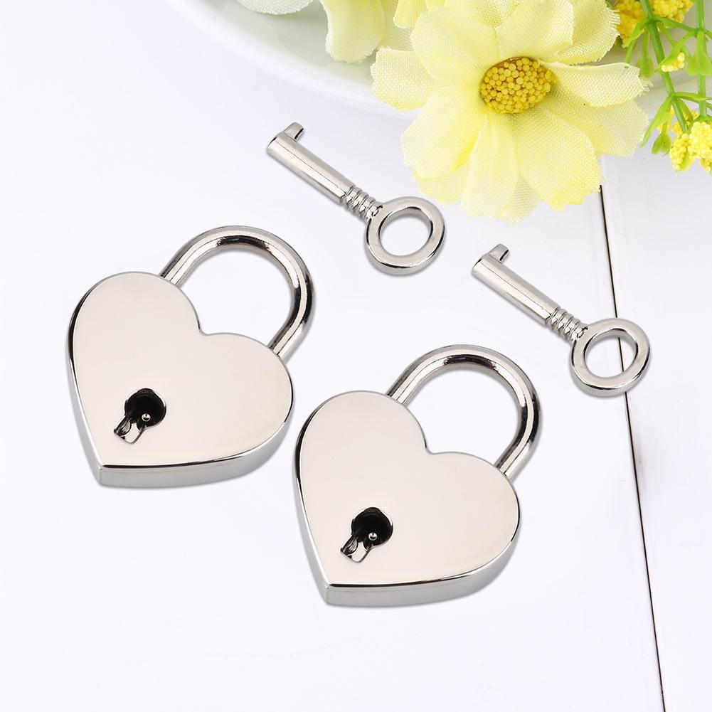 Heart Lock,2 sets Heart-shaped Padlock & Skeleton Key Metal Lock for Luggage Diary Book Jewelry Box, Heart Padlock