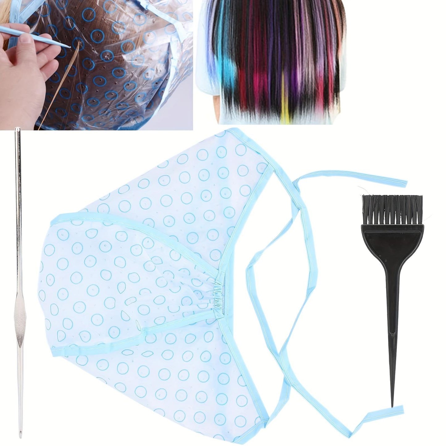 3pcs Hair Highlights Cap Set, Reusable Highlight Cap With Hair Dyeing Brush And Hook Needle, DIY Hair Dyeing Tools