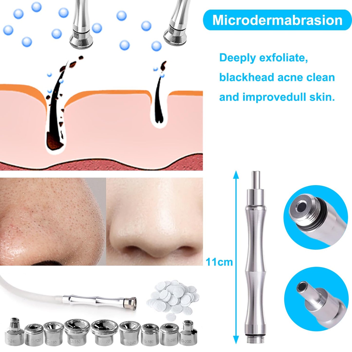 Microdermabrasion Tips and Wands, Microdermabrasion Kit, Diamond Dermabrasion Head, Microdermabrasion Facial Tool for Microdermabrasion Machine (9 Tips, 3 Wands, 1 Pack Microdermabrasion Pads 10mm)