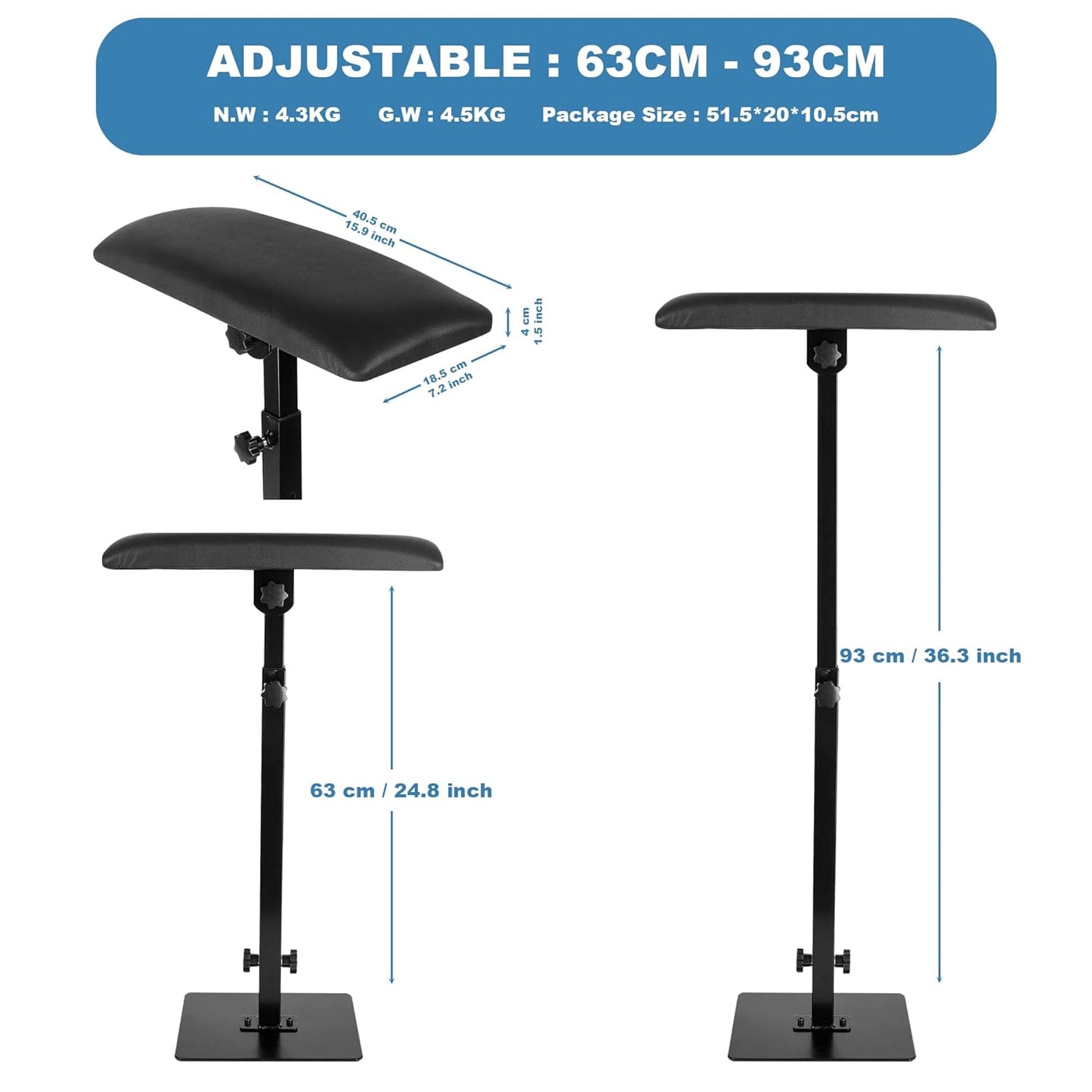 Professional Tattoo Armrest - Square Adjustable Height and Tilt Iron Rest for Tattoo Equipment