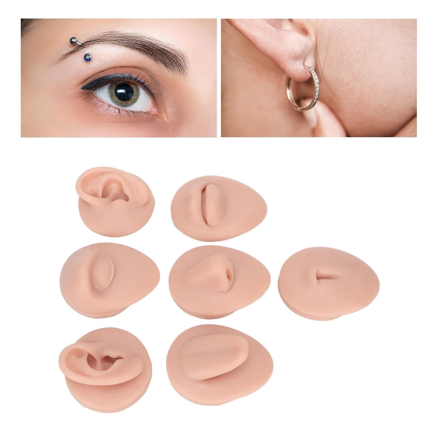 Soft Silicone Body Part Model, Body Piercing Practice Model Simulation Ear Eye Nose Mouth Tongue and Belly Button Model for Novice Piercer (Medium Skin Color)